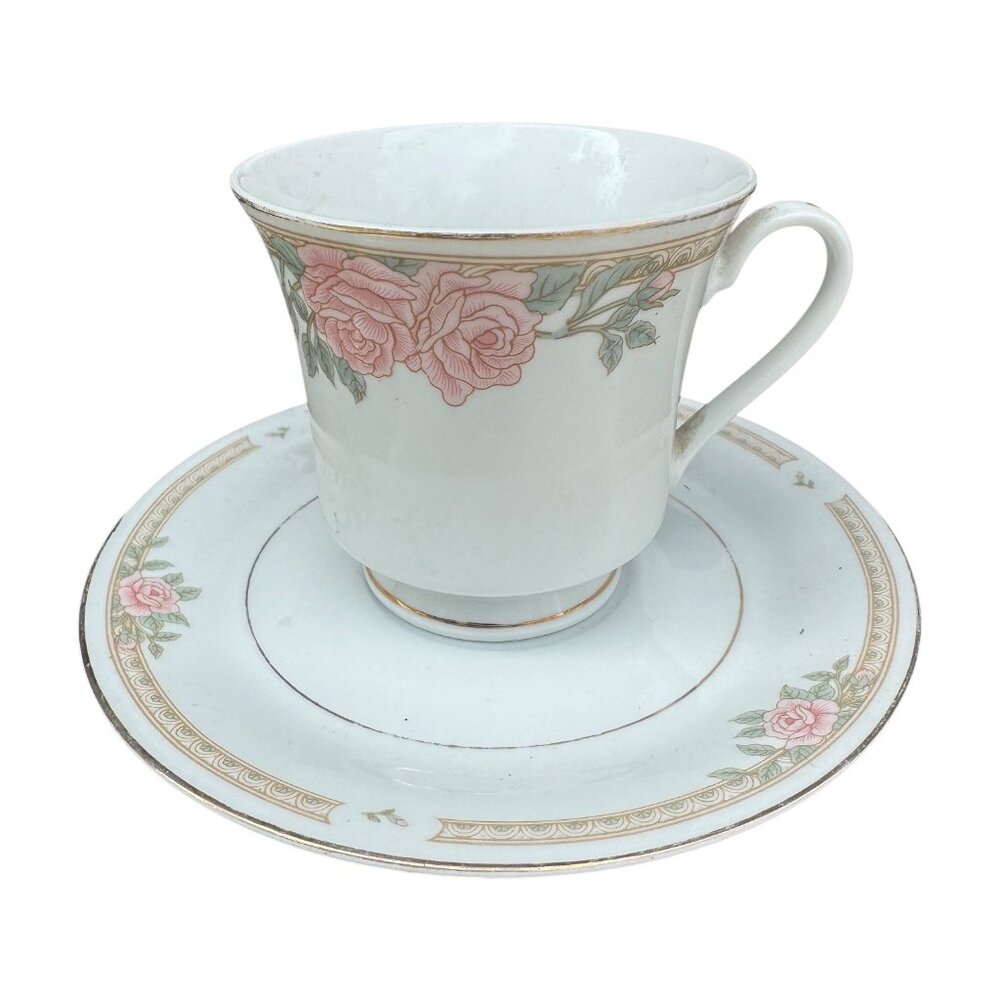 Lynns Fine China Pink Rose Teacup & Saucer Set Vintage Floral Design Porcelain